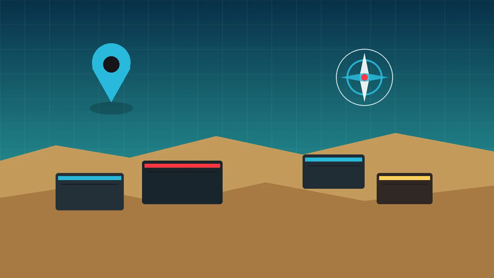 Drawn site yard with compass and location pin behind the search bar